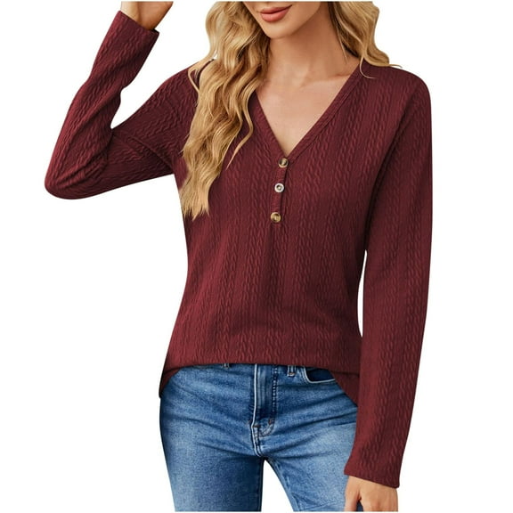 DeHolifer Women's Fall Tops V-Neck Button Loose Casual Long Sleeve Solid Color Blouse T-shirt Wine M