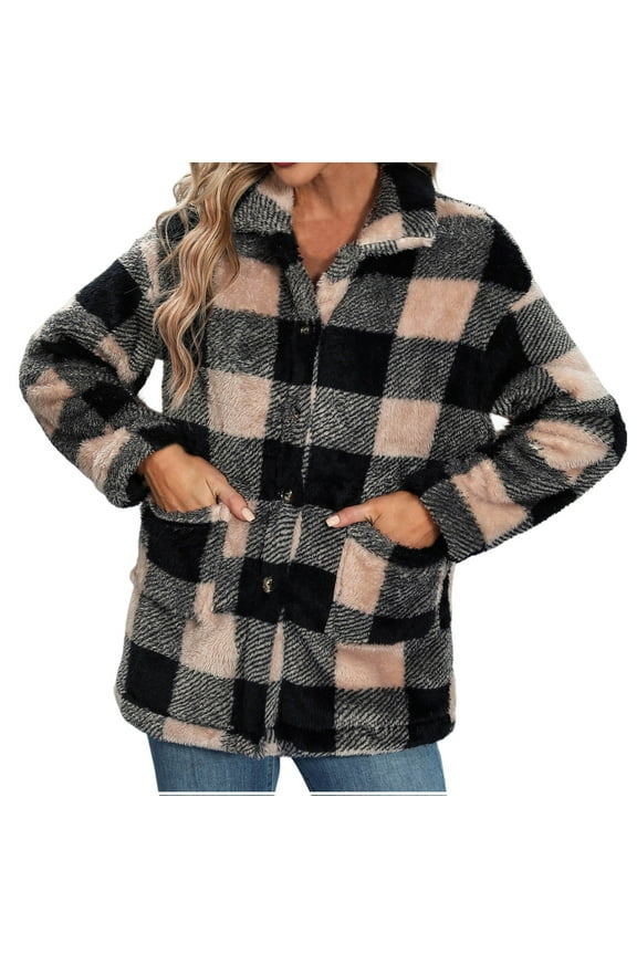 DeHolifer Women's Flannel Shirt Long Sleeve Shakets Button Down Thick Plaid Jackets Coats Fall Winter Beige XL