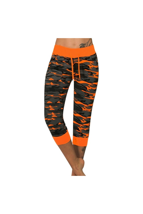 Women's High Waisted Yoga Capris with Pockets,Tummy Control Camouflage Printed Panel Drawcord Fashion Capris Casual Cropped Leg Pants Orange XXL