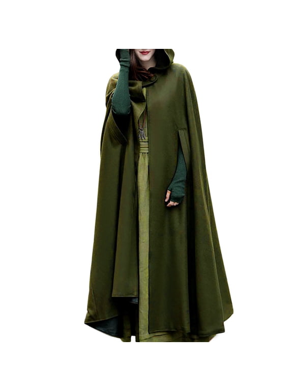 Women's Hood Wool Blend Cape Winter Warm Trench Jacket Cloak Plus Size Batwing Sleeve Coat Open Front Cardigan Army Green