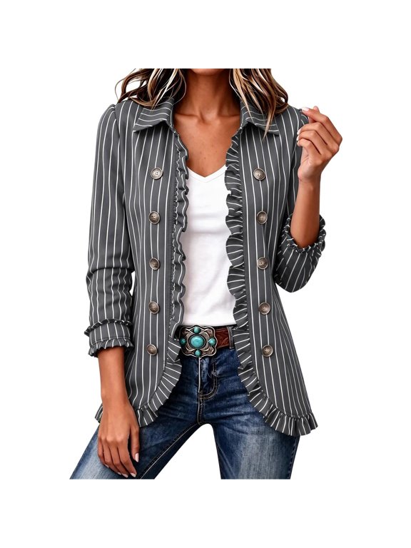 Women's Jacket Vertical Stripe Shirt Lapel Collar Button Front Long Sleeve Casual Fall Coat
