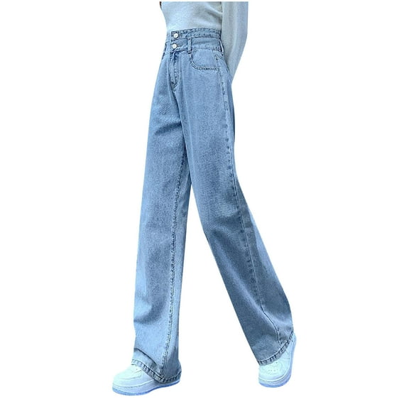 DeHolifer Women's Jeans Elastic Waisted Solid Color Casual Loose Straight Leg Streetwear Denim Pants Blue XL