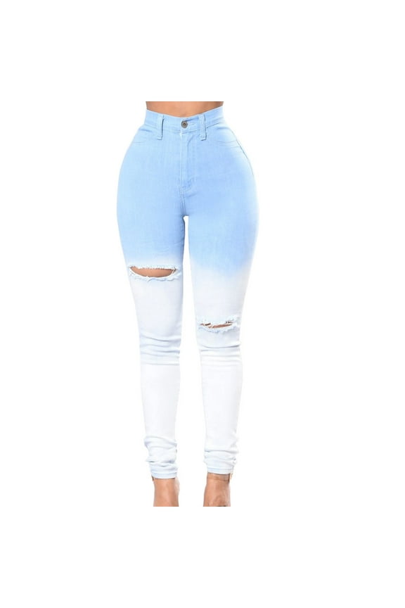 DeHolifer Women's Jeans High Waisted Hole Button Straight Leg Gradient Color Skinny Casual Jeans Light Blue M
