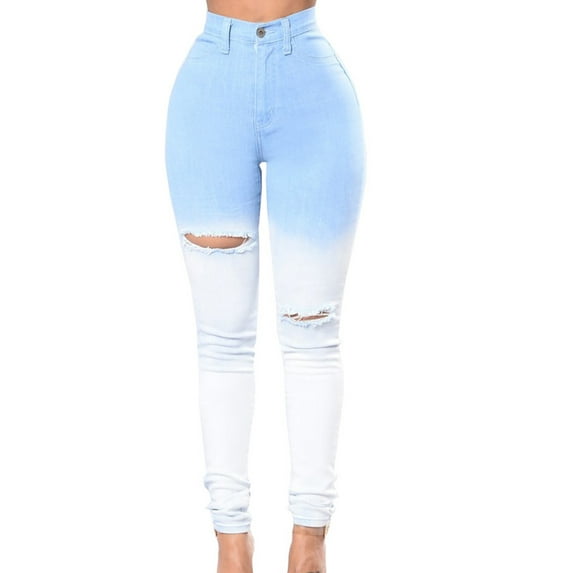 QQAMB Women's Jeans High Waisted Hole Button Straight Leg Gradient Color Skinny Casual Jeans Light Blue S