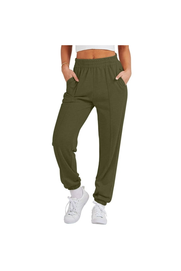 QQAMB Women's Jersey Pants,Casual Bottom Drawstring Elastic Waist Pants Sporty Athletic Joggers Lounge Trousers with Pockets Army Green Small