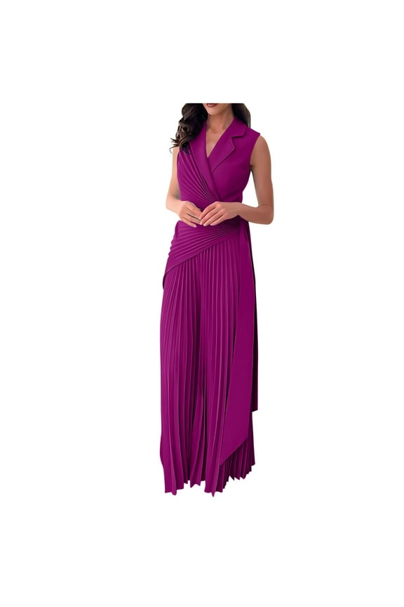 Women's Jumpsuit Notched Lapel Collar Sleeveless Pleated Wide Leg Pants Jumpsuits Elegant Dressy Work Rompers Purple 2XL