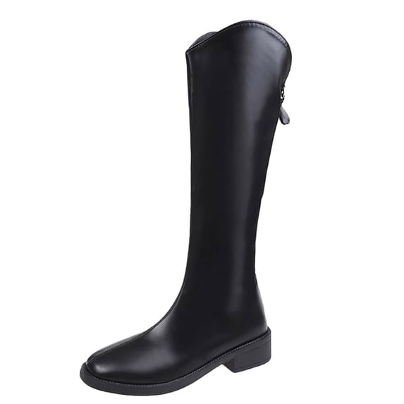 DeHolifer Women's Knee-High Boots Faux Leather Elastic Boots Low Heel Square Toe,Side Zipper Tall Boots