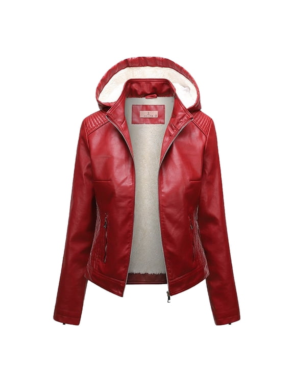 DeHolifer Women's Leather Jacket Solid Long Sleeve Zip Up Hoodies Fleece Coat Motorcycle Style Jacket with Zip Pockets Red XL
