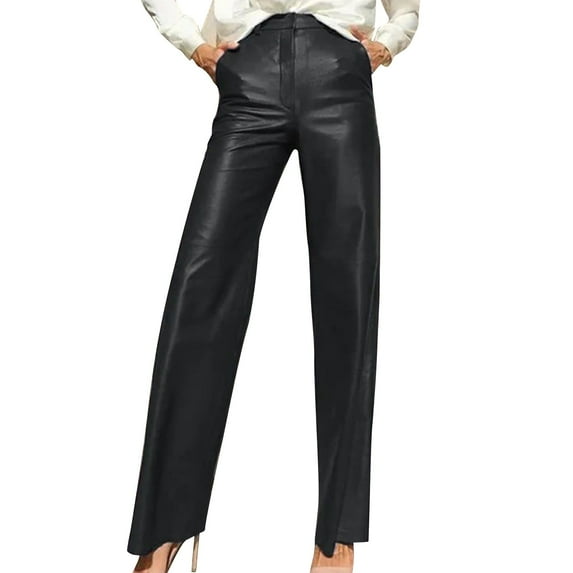 DeHolifer Women's Leather Pants PU High Waisted Button Straight Leg Pockets Retro Loose Wide Leg Pants Black M