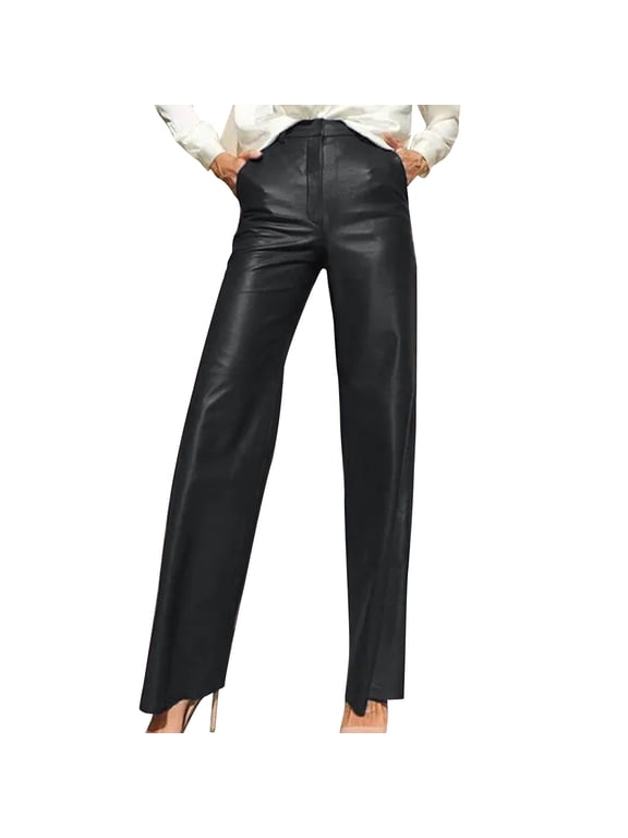 Women's Leather Pants PU High Waisted Button Straight Leg Pockets Retro Loose Wide Leg Pants Black S