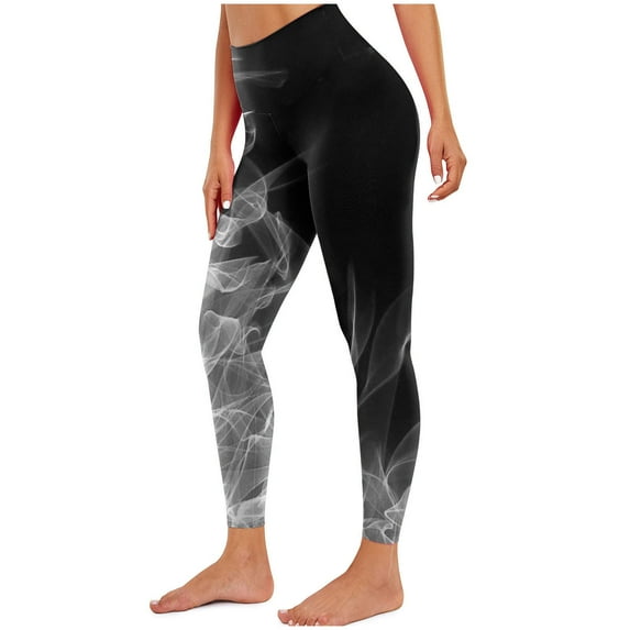 QQAMB Women's Leggings High Waist Flame Printed Fitness Running Leggings Casual Fashion Tights Gray M