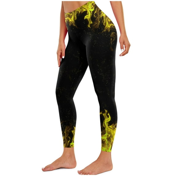 QQAMB Women's Leggings High Waist Flame Printed Fitness Running Leggings Casual Fashion Tights Yellow 2XL