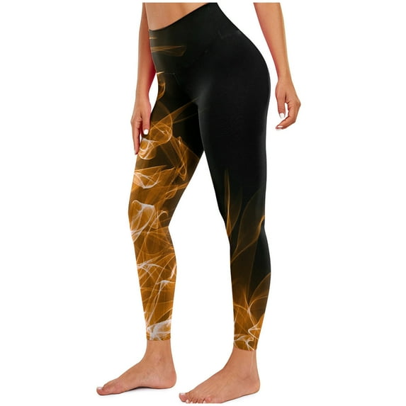 QQAMB Women's Leggings High Waist Flame Printed Fitness Running Leggings Casual Fashion Tights Yellow 3XL