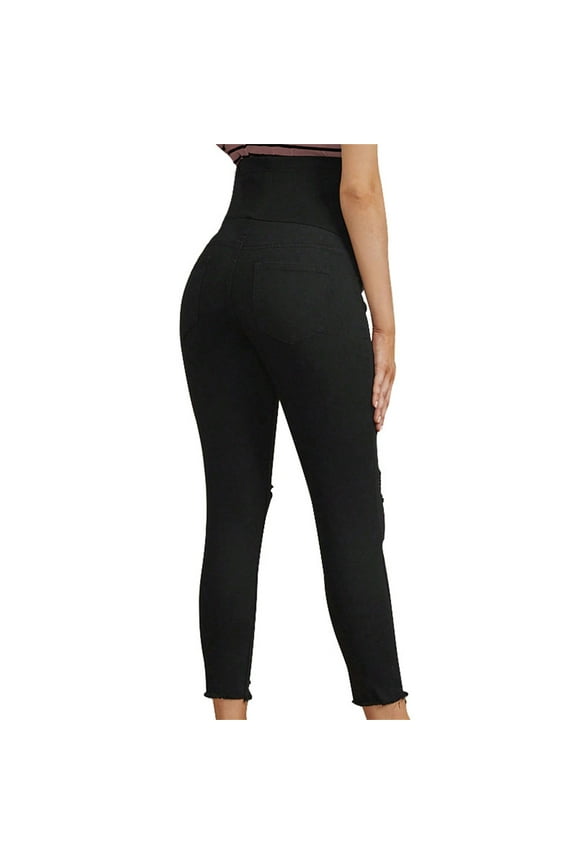 DeHolifer Women's Maternity Jeans Hole High Waist Stretch Ripped Boyfriend Jeans Pregnancy Denim Pants with Pockets Black XL