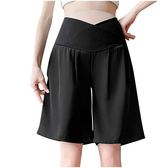 DeHolifer Women's Maternity Shorts Over The Belly Summer Elastic Waisted Workout Running Active Short Pants with Pockets Black L