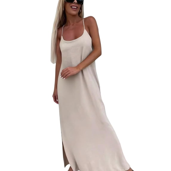 DeHolifer Women's Maxi Dress Spaghetti Strap Loose Casual Solid Color Slit Hem Cami Dress Lightweight Summer Beach Beige XL