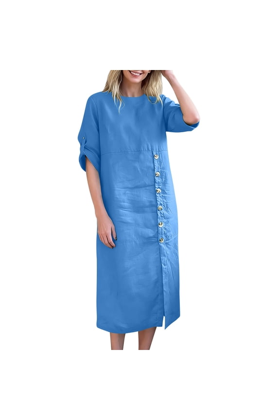Women's Maxi Shift Dress Solid Short Sleeve Summer Crewneck Cotton Linen Beach Dress Loose Side Button Vacation Dresses Blue 2XL