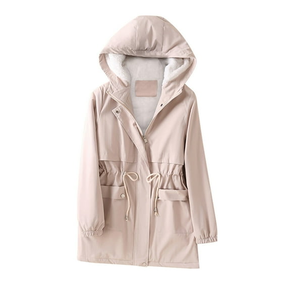 DeHolifer Women's Mid-Length Trench Autumn Long Sleeve Loose Hoodies Coats Drawstring Zipper Windproof Jackets with Pockets Beige 2XL
