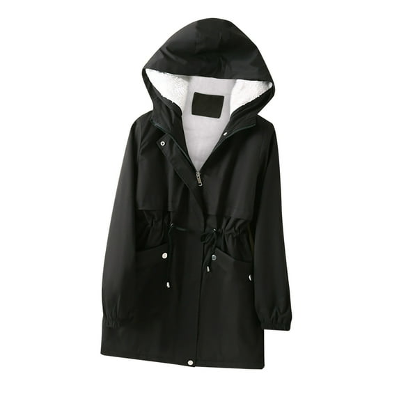 DeHolifer Women's Mid-Length Trench Autumn Long Sleeve Loose Hoodies Coats Drawstring Zipper Windproof Jackets with Pockets Black 2XL