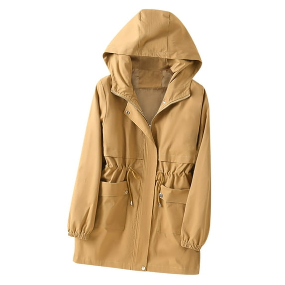 DeHolifer Women's Mid-Length Trench Autumn Long Sleeve Loose Hoodies Coats Drawstring Zipper Windproof Jackets with Pockets Gold 3XL