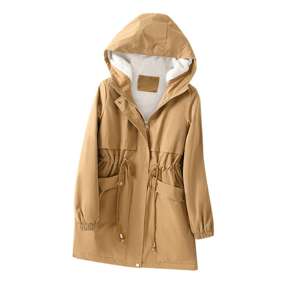 DeHolifer Women's Mid-Length Trench Autumn Long Sleeve Loose Hoodies Coats Drawstring Zipper Windproof Jackets with Pockets Gold 3XL