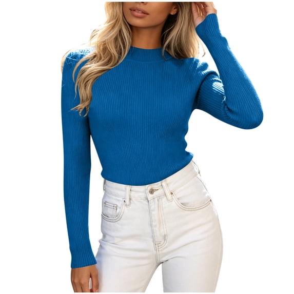 DeHolifer Women's Mock Turtleneck Long Sleeve Shirts Ribbed Knit Lightweight Pullover Sweater Stretch Tops Blue Free Size