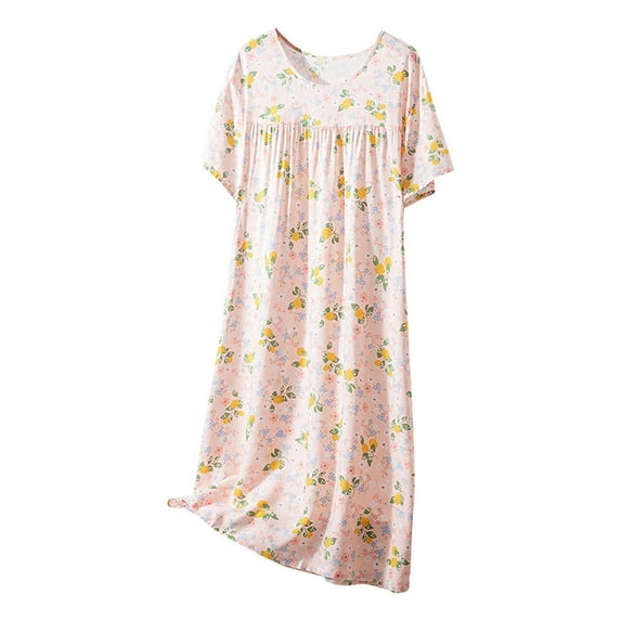 QQAMB Women's Nightdress Cotton Summer Floral Printed Crewneck Soft Short Sleeve Long Sleepshirts Homewear Nightgown Pink Free Size