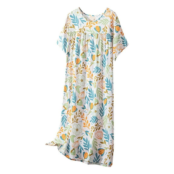 QQAMB Women's Nightdress Cotton Summer Floral Printed Crewneck Soft Short Sleeve Long Sleepshirts Homewear Nightgown White Free Size