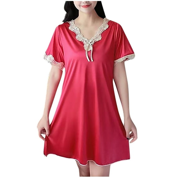 DeHolifer Women's Nightdress V-Neck Solid Color Lace Patchwork Loose Soft Short Sleeve Sleepwear Homewear Nightgown Wine L