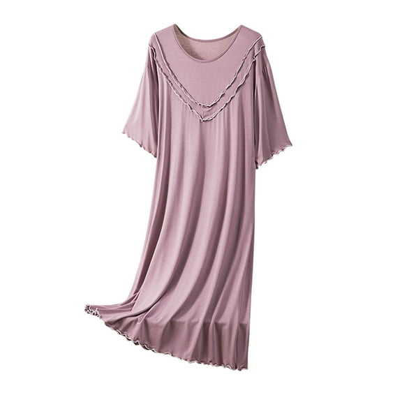 QQAMB Women's Nightgown Plus Size Modal Comfy Sleepwear Pleated Crewneck Nightshirt Short Sleeve Nightdress Purple 2XL