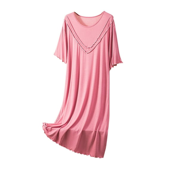 QQAMB Women's Nightgown Plus Size Modal Comfy Sleepwear Pleated Crewneck Nightshirt Short Sleeve Nightdress Red 2XL