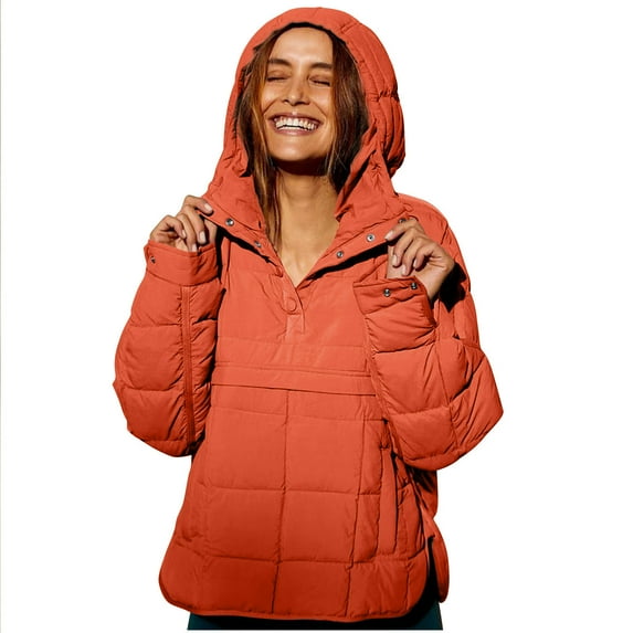 QQAMB Women's Oversized Pullover Puffer Jacket Long Sleeve Hooded Lightweight Warm Quilted Hoodies Coat Orange S