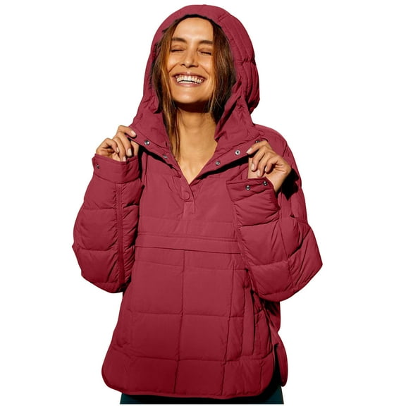 QQAMB Women's Oversized Pullover Puffer Jacket Long Sleeve Hooded Lightweight Warm Quilted Hoodies Coat Red L