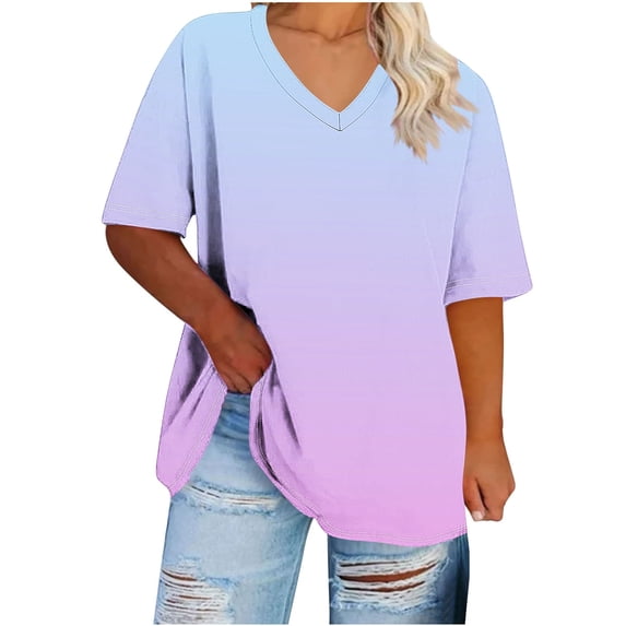 DeHolifer Women's Oversized T-Shirts Casual V-Neck Gradient Color Summer Base Shirt Sports T-Shirts Tops Purple 3XL
