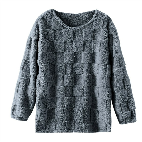 DeHolifer Women's Pajamas Long Sleeve Plush Warm Crewneck Palid Pullover Top Homewear Lounge Blouse Blue XL