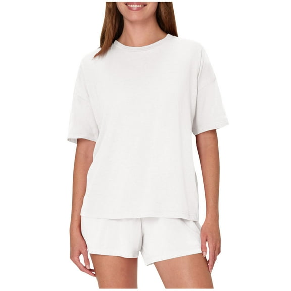 DeHolifer Women's Pajamas Sets Casual Loose Solid Color Crewneck Short Sleeve T-Shirts and Shorts 2 Piece Lounge Pajamas Sets White L