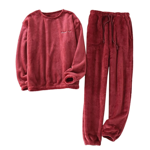 DeHolifer Women's Pajamas Sets Long Sleeve Crewneck Loose Pullover Top+Long Trousers Homewear Lounge Set Wine XL