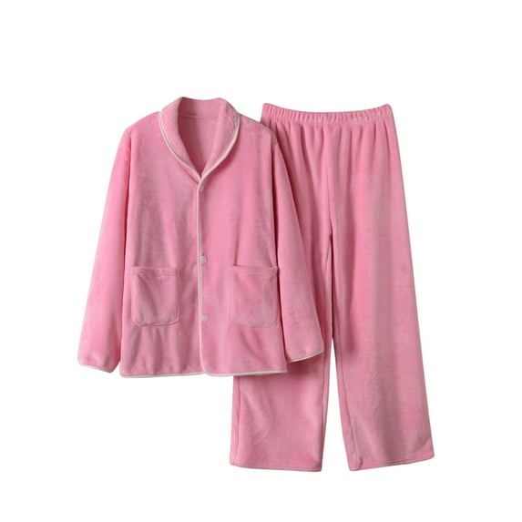 DeHolifer Women's Pajamas Sets Long Sleeve Lapel Button Loose Top+Long Trousers Homewear Lounge Set Pink 3XL