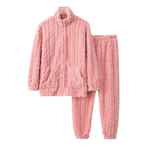 DeHolifer Women's Pajamas Sets Long Sleeve Plush Warm Stand Collar Zipper Loose Top+Long Trousers Homewear Lounge Set Pink XL