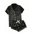 thumbnail image 1 of DeHolifer Women's Pajamas Sets Short Sleeve Solid Casual Sleepwear Button Down Lapel and Shorts Satin 2 Piece Pajama Set Black L, 1 of 3