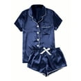 thumbnail image 1 of DeHolifer Women's Pajamas Sets Short Sleeve Solid Casual Sleepwear Button Down Lapel and Shorts Satin 2 Piece Pajama Set Dark Blue S, 1 of 3