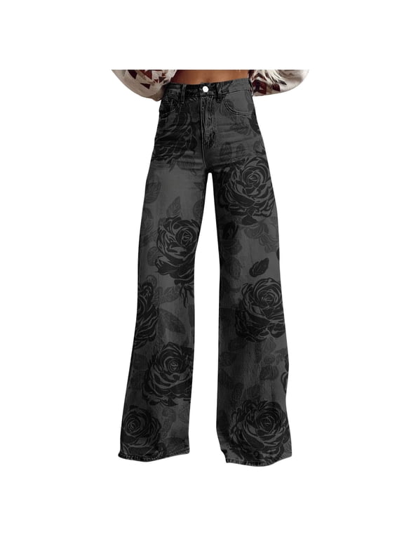 Women's Palazzo Pants Plus Size Casual Boho Floral Wide Leg Baggy Long Trousers with Pockets Black 4XL
