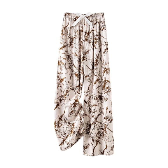 QQAMB Women's Pants Cotton Floral Printed Elastic Waisted Wide Leg Loose Comfy Homewear Pajamas Pants Coffee Free Size