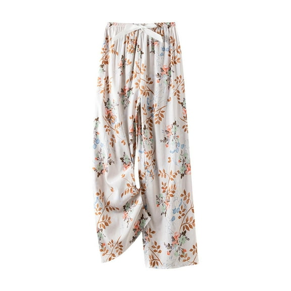 DeHolifer Women's Pants Cotton Floral Printed Elastic Waisted Wide Leg Loose Comfy Homewear Pajamas Pants Gray Free Size