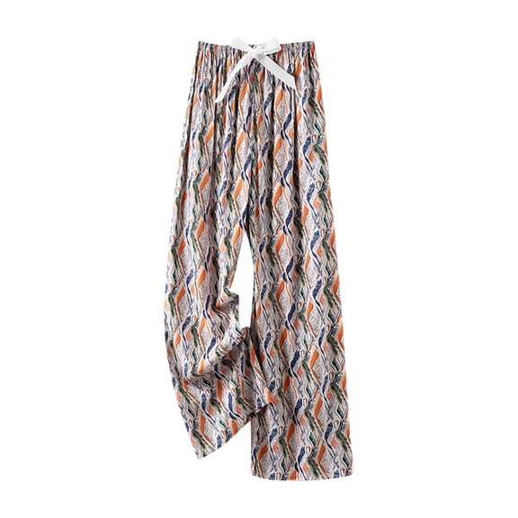 DeHolifer Women's Pants Cotton Floral Printed Elastic Waisted Wide Leg Loose Comfy Homewear Pajamas Pants Khaki Free Size