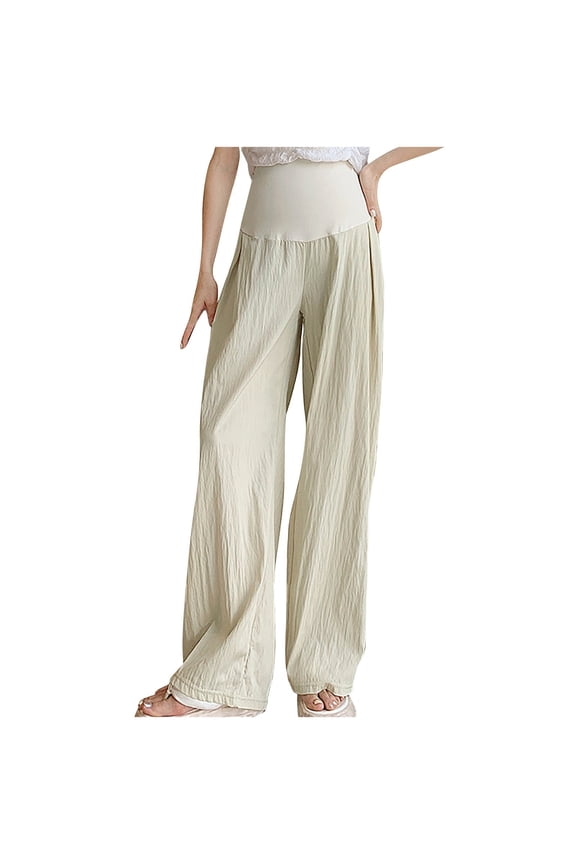 Women's Pants Cotton Linen Plus Size Maternity Elastic High Waist Pants Knot Front Wide Leg Pregnancy Pants Beige L