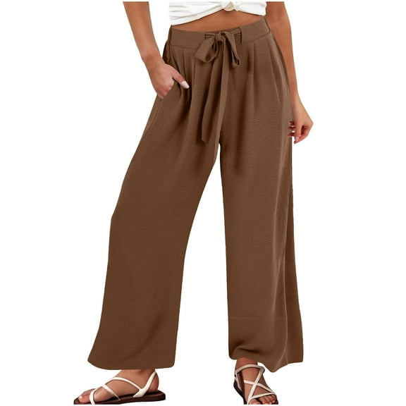 DeHolifer Women's Pants Cotton Linen Wide Leg Solid Color Elastic Waist Bandage Loose Long Pants with Pocket Brown XL