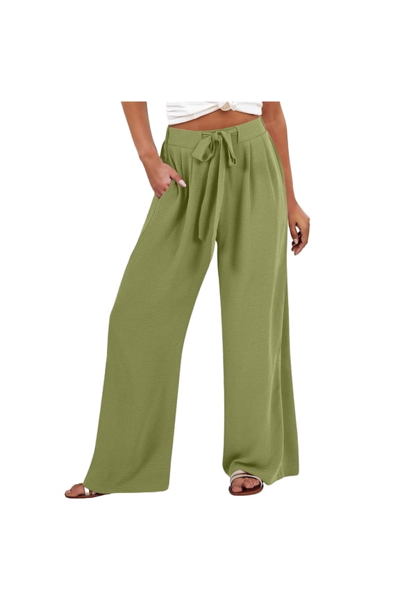 Women's Pants Cotton Linen Wide Leg Solid Color Elastic Waist Bandage Loose Long Pants with Pocket Mint Green 3XL