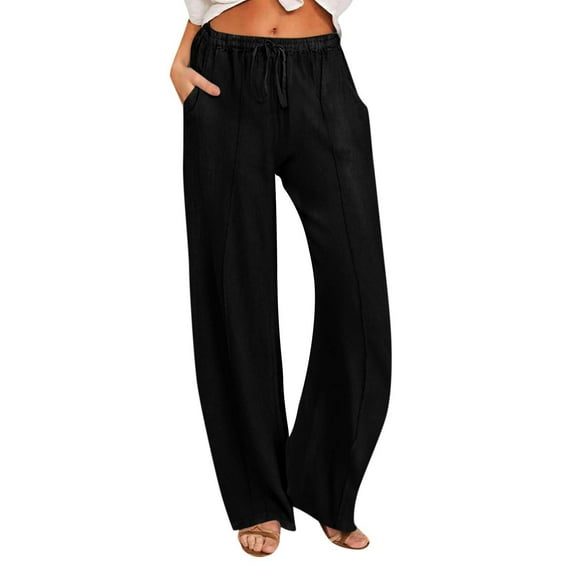 DeHolifer Women's Pants Elastic Waist Drawstring Pocket High Waist Wide Leg Loose Casual Capris Pants Black L