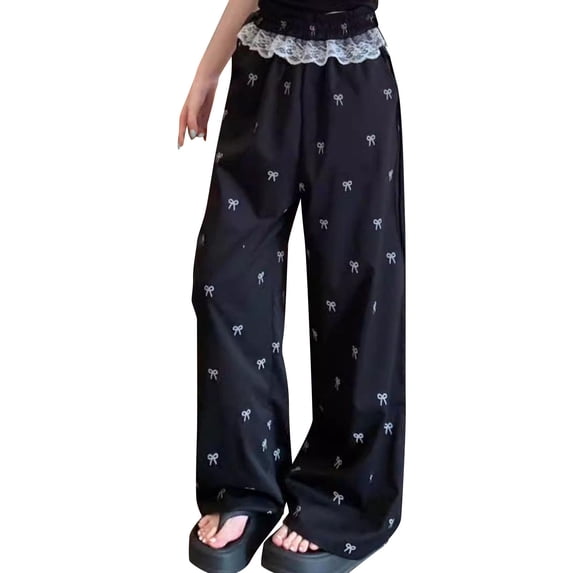 DeHolifer Women's Pants Elastic Waist Lace Patchwork Casual Cute Pirnted Wide Leg Loose Loungewear Pants Black M